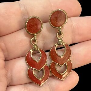 Vintage Earrings Dark Red Enamel Gold Tone Drop Style